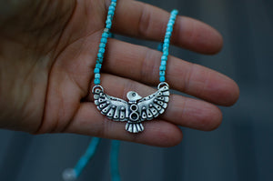 Thunderbird Sterling Silver Necklace with Turquoise Beads - A