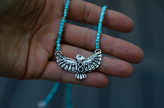 Thunderbird Sterling Silver Necklace with Turquoise Beads - A