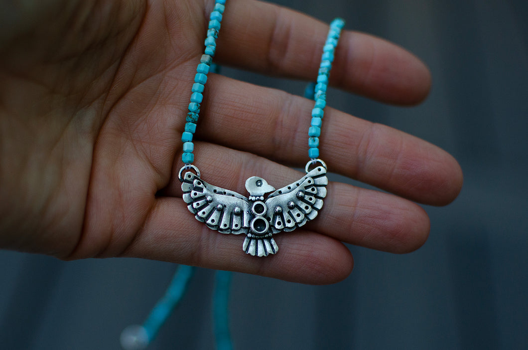 Thunderbird Sterling Silver Necklace with Turquoise Beads - A