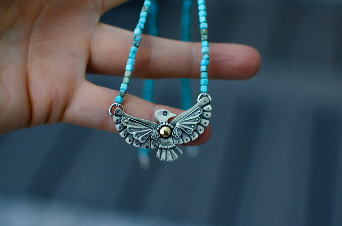 Thunderbird sterling Silver Necklace with Turquoise Beads - B