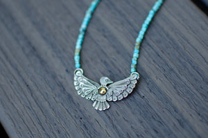 Thunderbird sterling Silver Necklace with Turquoise Beads - B