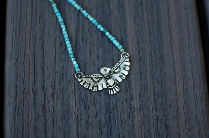 Thunderbird Sterling Silver Necklace with Turquoise Beads - C