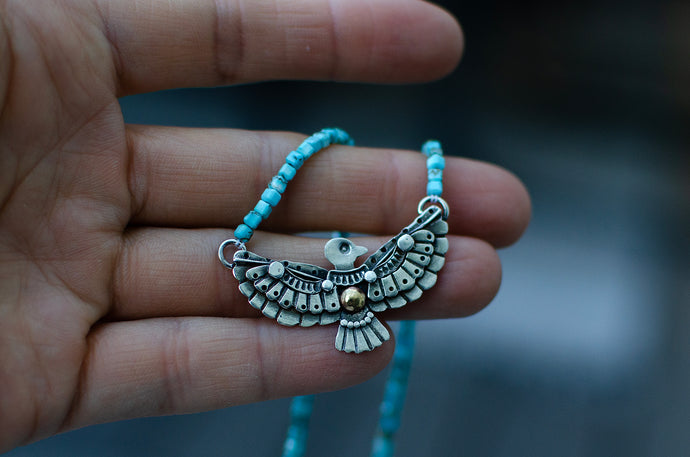 Thunderbird Sterling Silver Necklace with Turquoise Beads - D