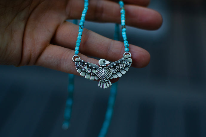 Thunderbird Necklace in Sterling silver with Turquoise Beads - E