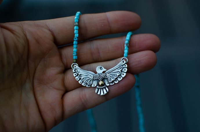 Thunderbird Necklace in Sterling Silver with Turquoise Beads - F