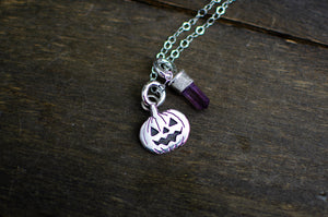 Pumpkin Spooky Necklace with Mini Amethyst Talisman