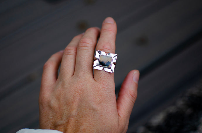 Dendritic Agate Ring in Sterling Silver - Size 9.5
