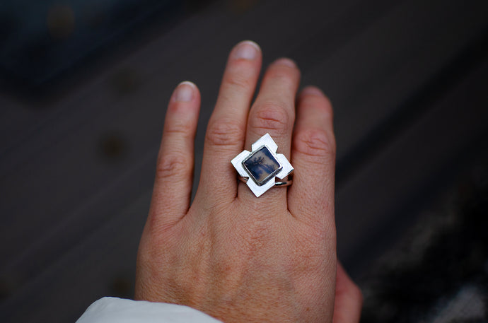 Dendritic Agate Ring in Sterling Silver - Size 8 - 8 1/4