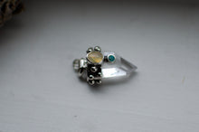 Load image into Gallery viewer, Clear Quartz Pendant with Opal and Turquoise Inlay.