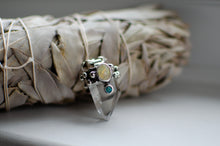 Load image into Gallery viewer, Clear Quartz Pendant with Opal and Turquoise Inlay.