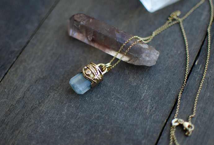 14k Gold Aquamarine Talisman with a Small Diamond (Pendant Only / With Chain Option Available)